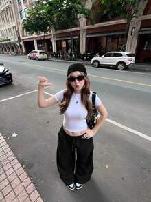 VIBEWAVE Elastic Drawstring Oversized Thin Knit Casual Street Pants, Spring/Summer