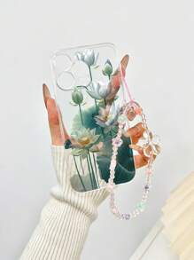 Flower Phone Case 1pc Transparent Lotus Flower Painted Thickened Shockproof Phone Case Cover With Handmade Beaded Flower Bracelet Accessories, Compatible With IPhone 16/11/16pro/16plus/16promax/16e/15Promax/13/14/12/XS/XR/7G/8P, Compatible With Samsung Galaxy 11/12Pro/12/12X/13Pro/14Pro/15Pro/, Compatible With Redmi 10/9/Note9/12c/Note11pro/Note8Pro