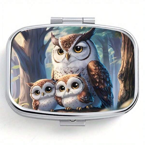 1pc Owl Printed 2-Compartment Square Pill Box, Portable Medication/Vitamin Storage Container For Pocket Or Wallet, Decorative Metal Gift
