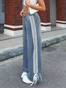 Plus Size Minimalist, Casual, Y2k Street Style, Fashionable, Spicy Girl, Side Striped Bow Jeans - Rửa nhẹ - Xem 4