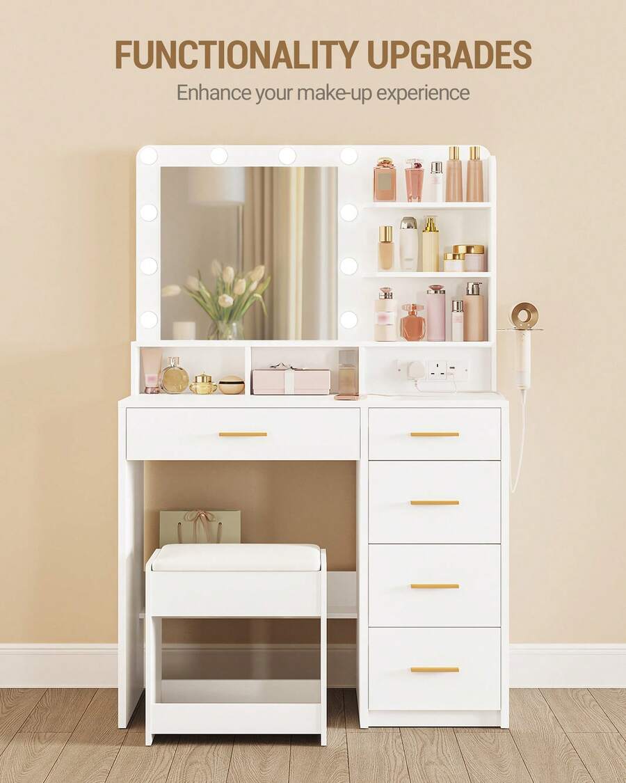 Hzuaneri Dressing Table With 3-Colour LED Adjustable Brightness, Vanity Table With Plug And Large Mirror, Stool And Hairdryer Holder, Muti-Drawer Dressing Table, 6 Open Storage Areas, White - White - View 1