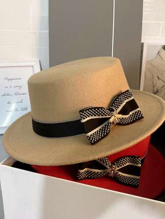 1 件女士纯色休闲帽，波西米亚复古宫廷风派对街头帽子，韩版全年无檐清新毡蝴蝶结百搭旅行复古软呢帽，适合日常外出和购物