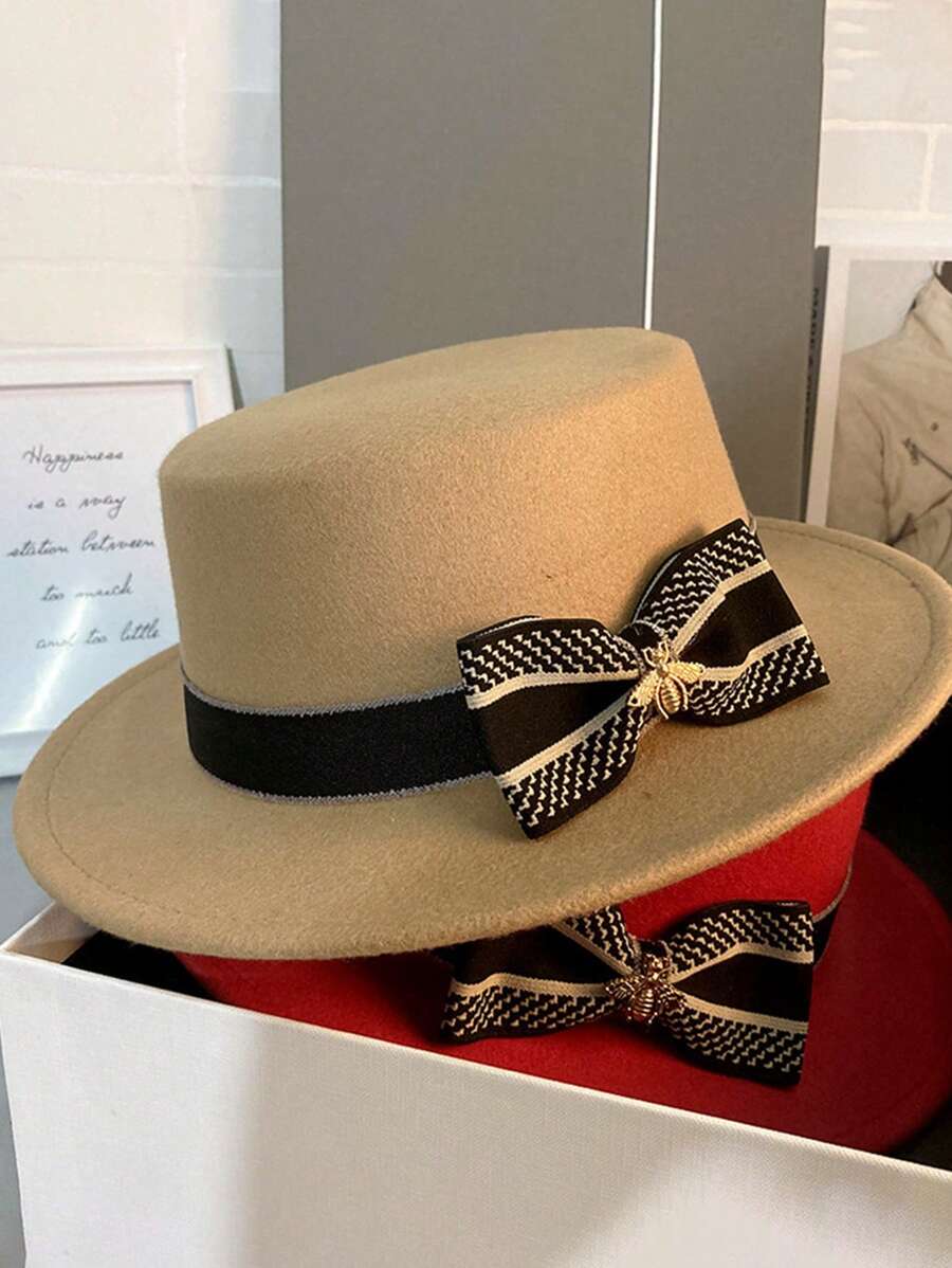 1pc Women's Solid Color Casual Hat, Bohemian Retro Palace Style Party Street Hat, Korean Version Year-Round Brimless Fresh Felt Bowknot Versatile Travel Vintage Fedora Hat, Suitable For Everyday Outings And Shopping