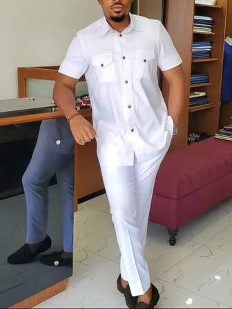 2pcs/Set Men's Dashiki, Solid Color Short Sleeve, Pocket, Classic Collar, Elastic Waist Pants, African Clothing, Men Summer Casual Short Sleeve Top And Long Pants 2 Pieces Set, Streetwear, Party, Wedding, Daily Wear, Cultural Events, Traditional Ceremonies