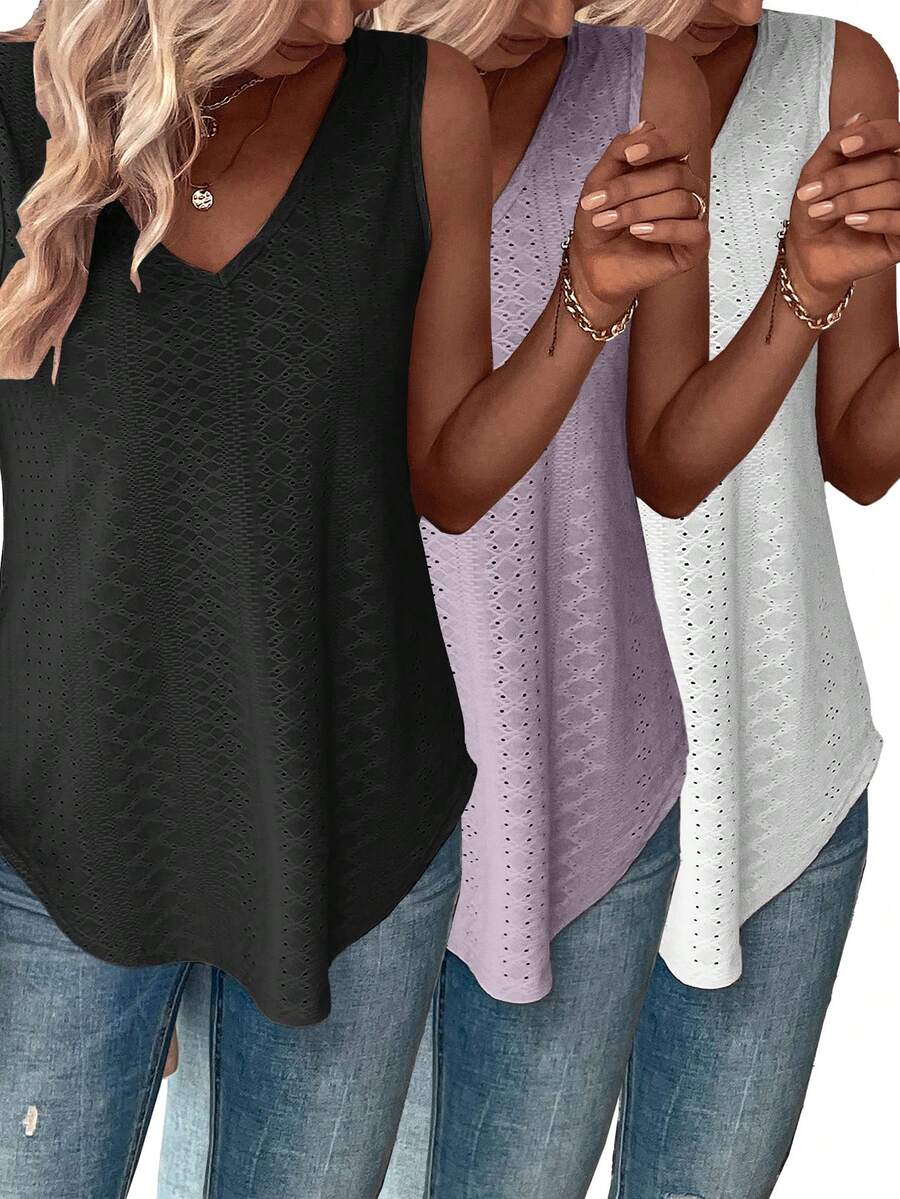Women Loose Fit V-Neck Hollow Out Jacquard Tank Top Set