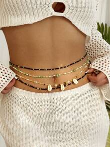 4pcs Shell Beads Layered Bohemian Rustic Body Jewelry Chain, Women Body Waist Chain Necklace