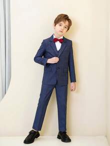 Boys Grid Suits 3-Pieces Suit Set Toddler Tuxedos Dresswear Ring Bearer Outfit Wedding Blazer Vest Pants Formal Suits For Kids Dark Blue Size 6-16Y - Dark Wash - View 5