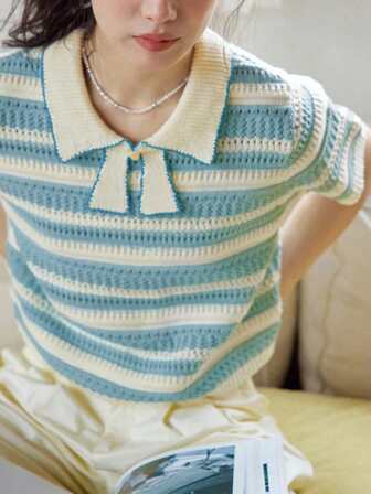 Rikumo 女士柔和条纹领针织短袖上衣，休闲可爱优雅的设计