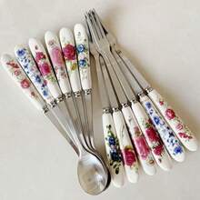 6/12件陶瓷柄不锈钢餐具套装，包含咖啡勺、冰淇淋/甜点勺、沙拉叉、创意花卉图案调味勺、下午茶餐具、厨房用品、学校用品