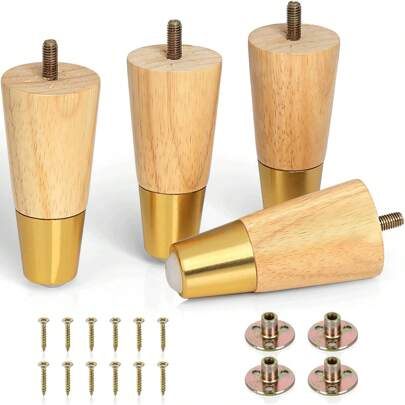 4pcs Solid Wood Furniture Legs, 4-Inch Round Medieval Wooden Couch/Sofa/Cabinet/Vanity Replacement Legs