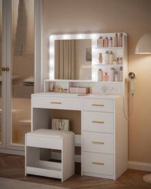 Hzuaneri Dressing Table With 3-Colour LED Adjustable Brightness, Vanity Table With Plug And Large Mirror, Stool And Hairdryer Holder, Muti-Drawer Dressing Table, 6 Open Storage Areas, White - White - View 3