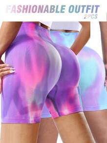 2PCS High Waist Seamless Slimming Sports Shorts , Women's Aurora Butt Lifting Fitness Pants For Running And Yoga, Sport Style