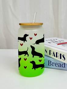 1PC17 Oz Kubek ze słomką do parzenia z pokrywką, Uroczy kubek w kształcie słoika z jamnikiem i sercem, Prezent świąteczny dla rodziny i przyjaciół, Kubek do mrożonej kawy, Herbata, Sok, Mleko, Prezent urodzinowy, Napój, Wielokrotnego użytku kubek do herbaty owocowej z pokrywką bambusową i szklaną słomką, Szklany słoik w kształcie słoika, Prezent dla chłopaka, ojca, matki, Nadaje się na prezent na przyjęcie walentynkowe,