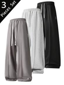 3pcs/Set Men Straight Leg Casual Loose Sport Pants, Fashionable For Outdoor Spring/Summer Black - Black - View 11