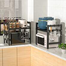 Adjustable Microwave Rack, Space Saving Microwave Rack With 6 Hooks, Metal Kitchen Countertop Storage Rack, Carbon Fiber Look Kitchen Rack, Easy To Install Super Practical Storage Rack, Kitchen Storage Organizer, Black Bread Rack, Microwave Rack, Load Capacity 75 Kg, Suitable For Kitchen Storage Rack, Microwave Rack, Kitchen Rack, Countertop Baking Rack, Microwave Rack - 黑色 - 查看 7