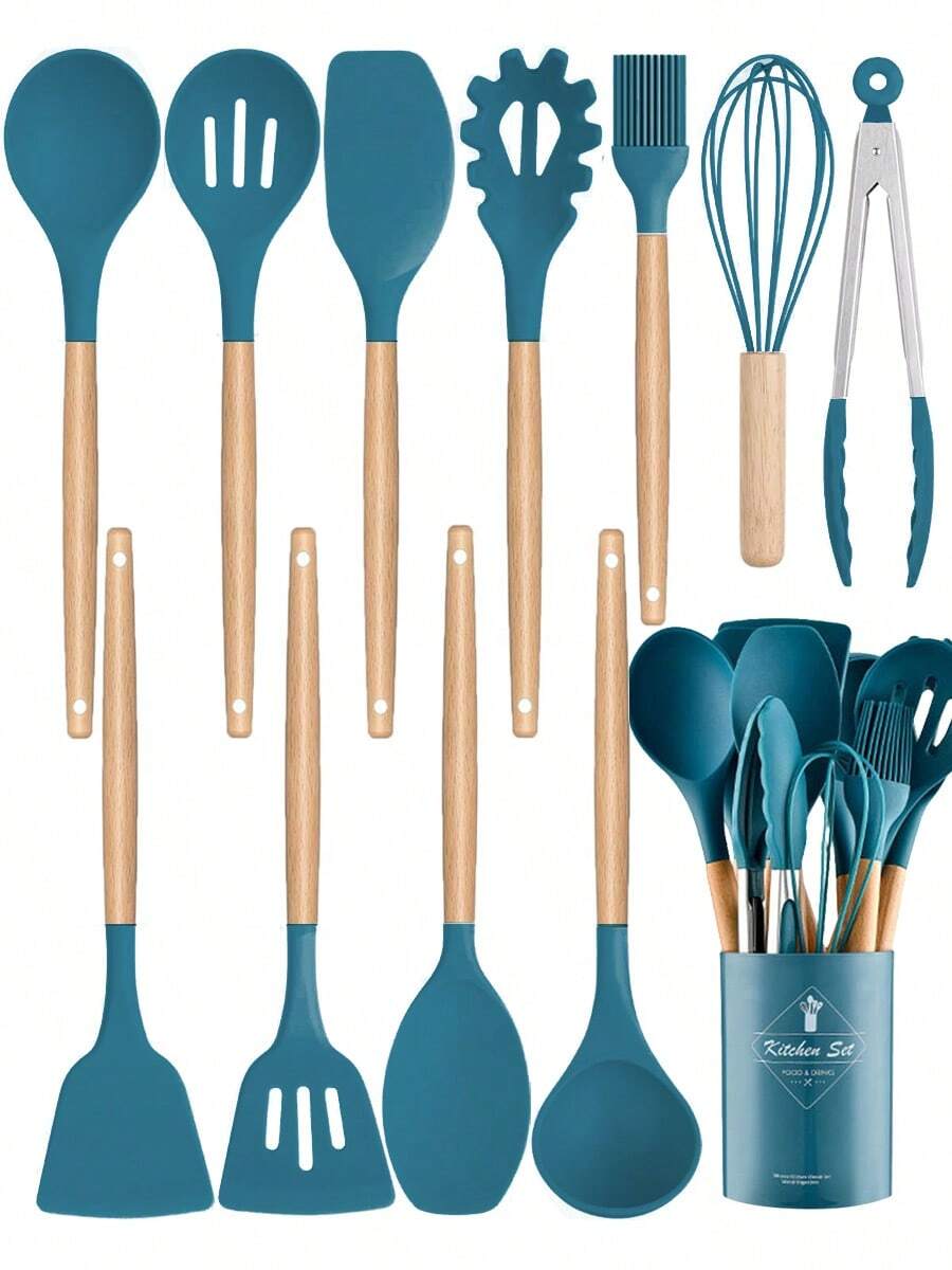 12件套或44件套木柄硅胶厨房用具套装，耐热不粘锅具，适合烹饪和烘焙，圣诞节佳品