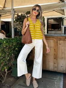 Joy Knit 女款春夏新款针织上衣 - 休闲简约 V 领条纹系带蝴蝶结背心罩衫 - 黃色 - 查看 6