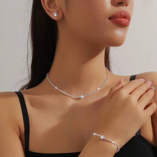 1 Conjunto de Collar con Cadena de Diamantes, Pendientes de Diamantes y Brazalete de Gota de Agua con Diamantes para Mujer - Accesorios elegantes para vestido de noche, moda versátil