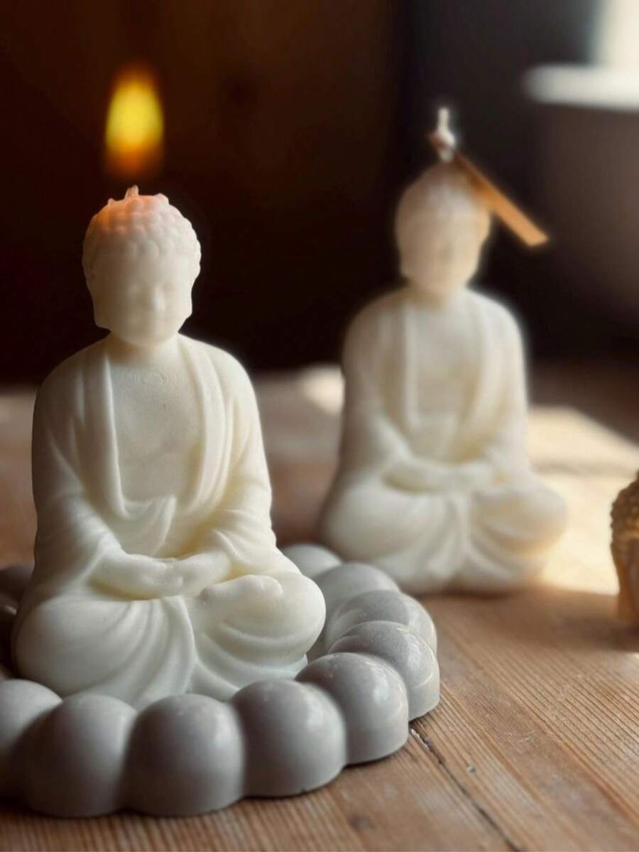 Molde de escultura tridimensional de Buddha, linda decoración de sobremesa para sala de estar, decoración de descompresión zen, Tathagata, Avalokiteshvara, Erawan Lotus Buddha, escultura de hada, velas perfumadas hechas en casa, aromaterapia de yeso, candelabro de loto - Blanco - Ver 1
