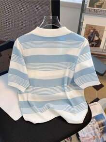 Damen Sommer Strick Polokragen Kurzarm Top mit kontrastierendem Streifendesign und Stickerei