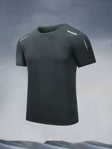 1pc Men's Summer Ice Silk Printed Short Sleeve T-Shirt, Casual Sports Minimalist Quick-Dry Top - Dark Grey - View 2