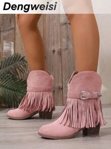 女士舒适百搭一脚蹬低帮踝靴，粉色条纹，流苏，粗跟，圆头，适合通勤、日常和度假，四季皆宜