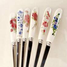 6/12件陶瓷柄不锈钢餐具套装，包含咖啡勺、冰淇淋/甜点勺、沙拉叉、创意花卉图案调味勺、下午茶餐具、厨房用品、学校用品