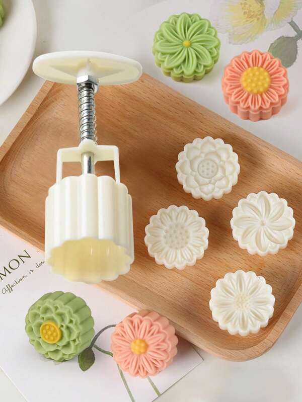 4pcs Daisy Flower Shape Mooncake Molds, Handpress Non-Stick Mung Bean Ice Cream Cartoon Mold Baking Tools