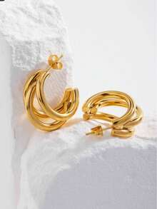 A Pair Of 18k Gold Jewelry Three-Layer Stud Earrings, Elegant Stainless Steel Geometric-Shaped Luxury Earrings For Women, Suitable For Everyday Wear, Parties, And As A Jewelry Gift. - Yellow Gold - View 2