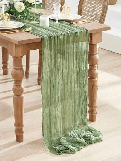 1pc Green Pleated Table Runner, Folding Tablecloth, Festive Birthday Decor Wedding Decor Holiday Home Decor Party Room Table Decoration Table Cloth, Table Runner, Solid Color Table Cover, Birthday Decor Wedding Decor Summer Gifts Beach Back To School School Supplies Room Decor