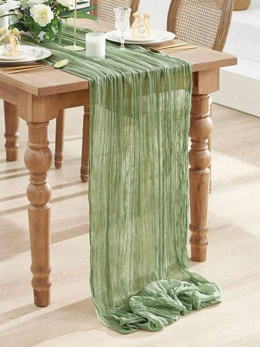 1pc Green Pleated Table Runner, Foldable Tablecloth, Holiday Birthday Decor, Wedding Decor, Holiday Home Decor, Party Room Dining Table Decor, Tablecloth, Solid Color Tablecloth, Birthday Decor, Wedding Decor, Summer Gift, Beach, Back To School, School Supplies, Room Decor