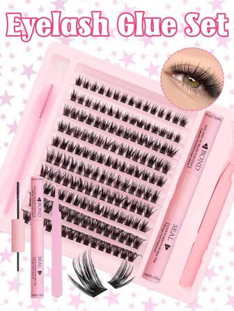 150 件大容量假睫毛延长套装，带睫毛延长粘合剂密封睫毛镊子睫毛刷假睫毛延长套装蓬松、浓密、柔软单根睫毛簇 C 卷曲 10-16 毫米混合长度睫毛簇自然细软假睫毛日常约会化妆睫毛簇套装、睫毛、睫毛、假睫毛