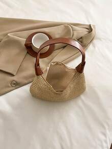 女士编织手提包，新款休闲草编单肩包，林地风格沙滩手提包腋下斜挎包 - 棕色 - 查看 4