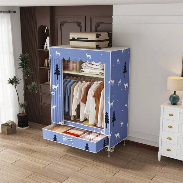 Tragbarer Kleiderschrank, einfache Stahlrohr-Struktur, Linnengewebe mit Schublade, geeignet für kleine Wohnungen, Mietobjekte, Schlafzimmer Schrank