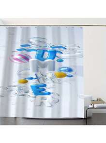 1 Peça/4 Peças Conjunto de Cortina de Chuveiro com Tema de Praia com Letras em Bolhas, com Tapete Antiderrapante, Tampa de Assento Sanitário, Tapete de Banheiro e 12 Ganchos de Plástico - Lavável em Máquina, Decoração de Banheiro em Poliéster Resistente a Manchas, Adequado para Todas as Estações - Acessórios de Banho com Tema Natural de Volta às Aulas