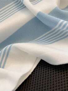 Damen Sommer Strick Polokragen Kurzarm Top mit kontrastierendem Streifendesign und Stickerei