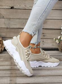 Thick Sole Beige Casual Sports Shoes, Round Toe Lace-Up Knitted Mesh Breathable Flat Light Weight Running Sneakers, All Season