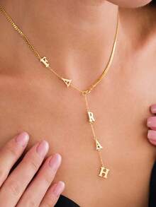 One Piece Of 18K Gold-Plated Stainless Steel Jewelry, Lasso Necklace, Delicate Teardrop Name Necklace, Long Y-Shaped Necklace, Initial Necklace, Custom Letter Necklace, Comes With A Beautiful Gift Box, Suitable For Everyday Wear, Valentine's Day Gift, Necklace For Family, Friends And Relatives (Letters Will Automatically Convert To Uppercase), Jewelry And Watches, Seasonal Selection, Custom Name Stainless Steel Necklace, Personalized Nameplate. - NK Gold Chain - View 5