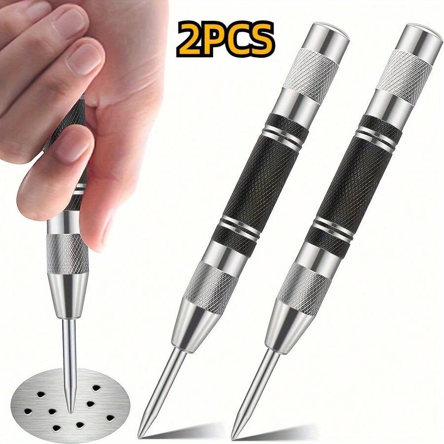 2PCS 127mm Woodworking Center Punch Automatic Spring Locator Glass Striker Broken Window Silver Black Automatic Sample Punch Tool - Black and White - View 1