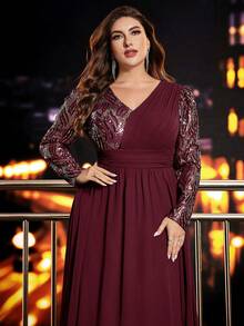 Plus Size Sequins Chiffon A-Line V-Neck Long Sleeve Formal Evening Gown, Party Dress, Wedding Guest Dress, Evening Dress - Burgundy - View 7