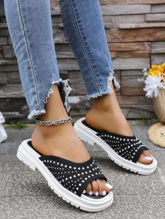 Populares chanclas con plataforma y suela gruesa con lentejuelas para mujeres, zapatos de moda versátiles antideslizantes de estilo nuevo para uso en interiores y exteriores, aumentan la altura