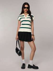 FOR BEAUTY Spring/Summer New Vintage Striped Contrast Color Lapel Sleeveless Knit Top, Loose Casual Pullover, Commuting Style, Christmas Top, New Year - Apricot Dark Green - View 9