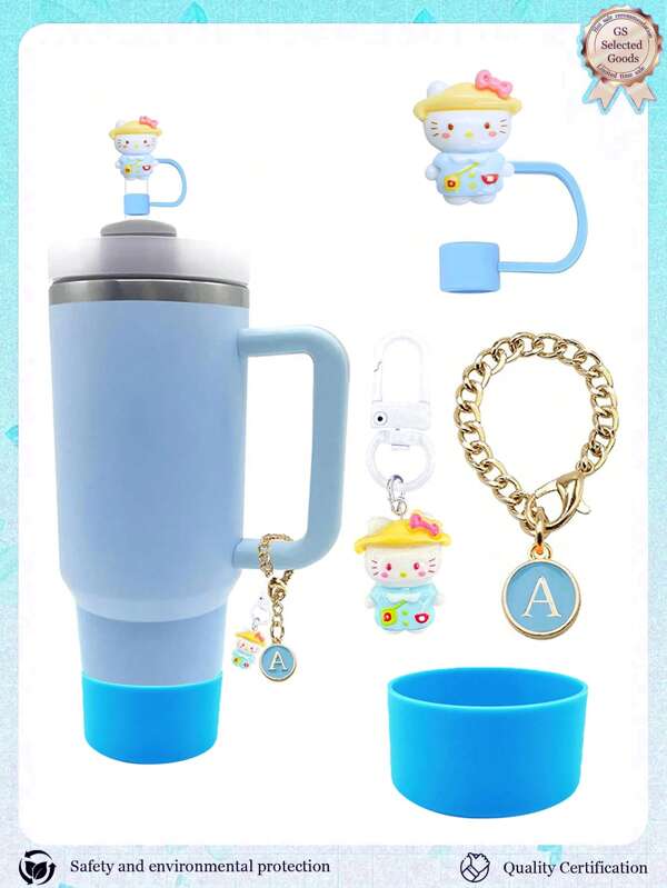 Sanrio 4pcs Sanrio Hello Kitty Accessories Designed For 30/40 Cups - Blue Cup Letter Mark And Silicone Straw Cover, Silicone Anti-Drop And Anti-Scratch Protective Cover, Reusable 10mm Wide Straw Cover, Cute Letter Decoration, Suitable For Modern Simple Glass Cups