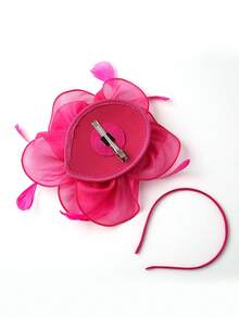 女士茶会头饰，配有丝带和发夹 - 玫紅色 - 查看 4