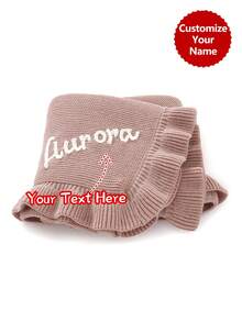 1pc Handmade Customized Name Soft & Cozy Knitted Baby Blanket With Ruffle Edge, Flower Trim Children Blanket - Pink - View 8