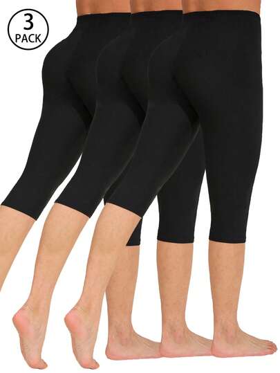 3 Packs Women Casual Leggings, Black Solid Color Tight Pants For Sportswear, Fitness Exercise, Outdoor, Travel, Stretchy & Comfortable For Squats, Planks, Running, Yoga, Hiking, Casual Wear, Short Capri