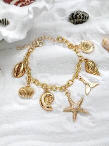 1pc 18K Gold Plated Alloy Starfish, Shell, Mermaid Pendant Bracelet, Suitable For Daily Wear And Vacation - Gold - View 1