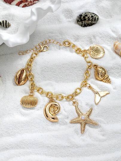 1 pieza Pulsera de aleación chapada en oro de 18K con colgante de estrella de mar, concha y sirena, adecuada para uso diario y vacaciones