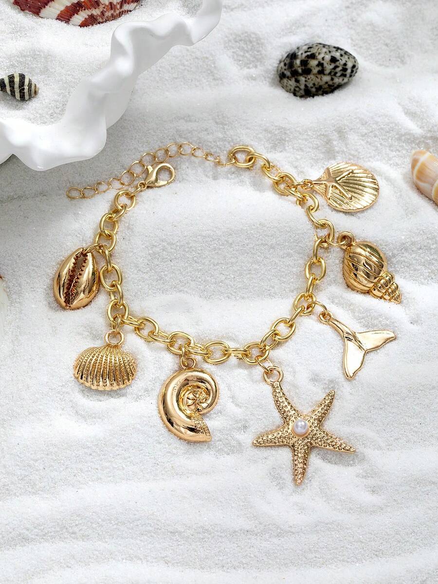 1pc 18K Gold Plated Alloy Starfish, Shell, Mermaid Pendant Bracelet, Suitable For Daily Wear And Vacation - Gold - View 1