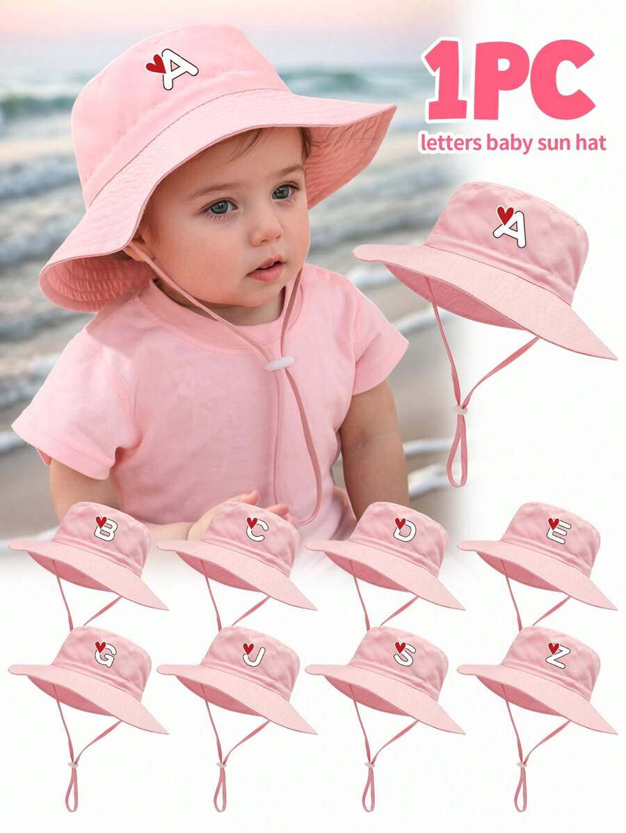 1 pezzo Cappello da sole per bambini con stampa a cuori e lettere, con cordino regolabile antivento, stile casual, cappello secchiello per neonati, adatto per attività all'aperto, spiaggia, protezione dal sole